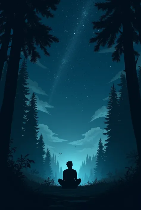 A man sitting in the middle of the forest admiring the stars in the sky