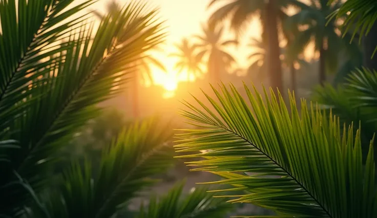 sunlight(Rich layers of colors)Background palm trees foreground close-up close-up palm leaves with edge light backlighting (Photographed from bottom to top)Stunning images high resolution images surreal textures high resolution, Digital painting, Delicate ...