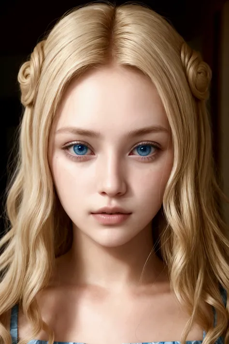 A blonde woman with blue eyes and curly hair