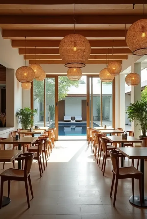 internal detail of the simple yet elegant restaurant, which opens onto the pool with rattan hanging lights and wooden tables