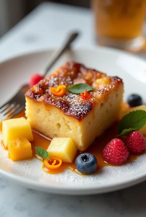 Caramel bread pudding with colorful garnish in white plate with pineapple 