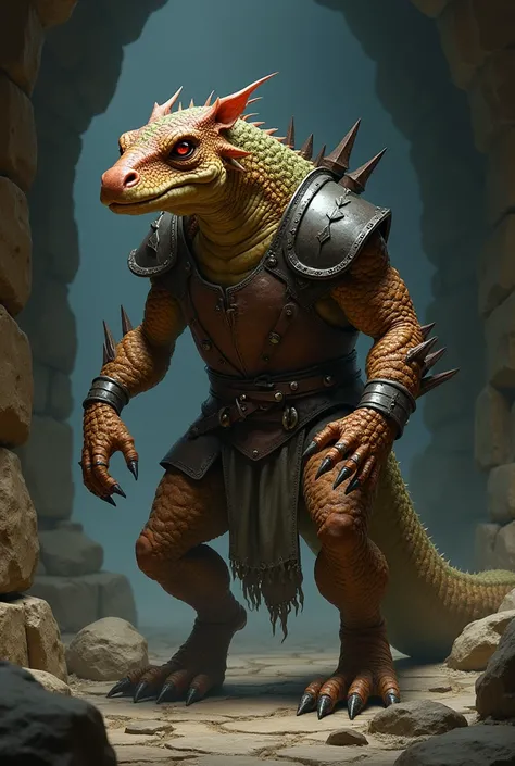 medieval fantasy, dungeons and dragons, reptilian kobold, copper scales with brown breastplate, its scales being striped in shades of green with red eyes