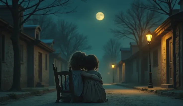 The picture depicts two children., the girl is , the rest is boys, brother. Two sisters sat leaning against each other on a wooden chair under the moonlit night sky.. They dream, sad feeling. Around the old street at night, no one in sight only the oil lam...