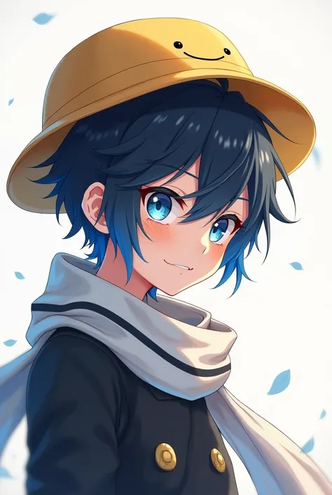 Solo, Smile, Black Hair, Blue eyes, Blue Hair, Best Quality, From Side, Anime Style, white and black scarf,young boy
Optical Illusion, yellow hat with smile on it