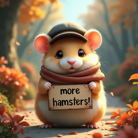 a cute fluffy　hamster holding a placard protesting, the placard says "more hamsters!", (1hamster, cute, adorable, fluffy,キャスケット,マフラー), realistic, detailed, photorealistic, 8k, highly detailed, masterpiece, intricate details, vivid colors, dramatic lighting...