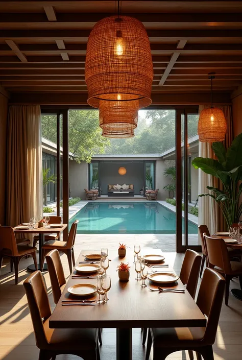 internal detail of a simple yet elegant lodges restaurant that opens onto the pool with rattan hanging lights and wooden tables