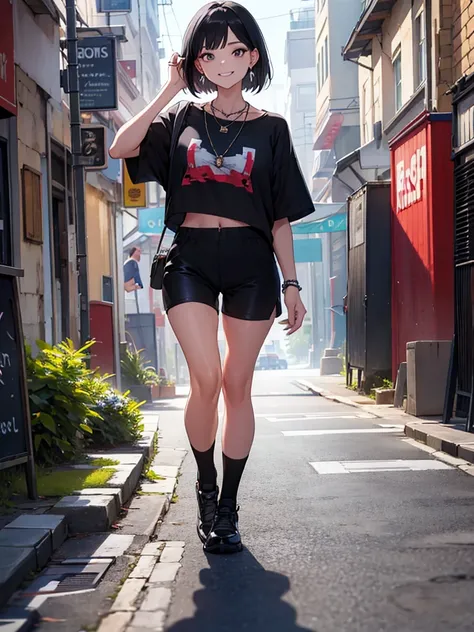 A beautiful woman is walking,Sharp Eyes,Watching the viewer,Creepy Smile,Earrings,One necklace,Shorts,Cropped T-shirt,Long socks,Short black hair,