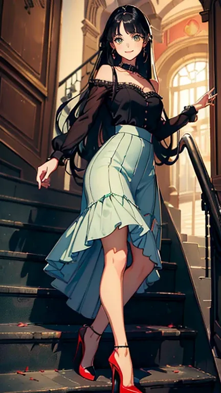 ((masterpiece, high resolution, better quality, better details)), ((Smiling)), ((one girl)) a girl in stairs, focus full body, ((long skirt without openings)), ((louboutin high heels)), green eyes , ((black hair, long hair)), shiny skin,