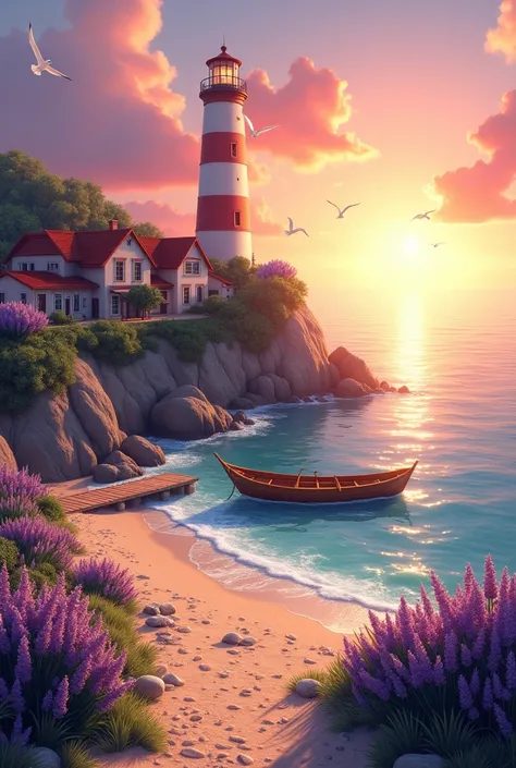 Imagine a tranquil coastal village at sunset. A charming lighthouse with white and red stripes stands proudly on a cliff, overlooking the vast ocean. The sky is painted with brilliant shades of pink, orange, and gold as the sun sinks into the horizon. Belo...