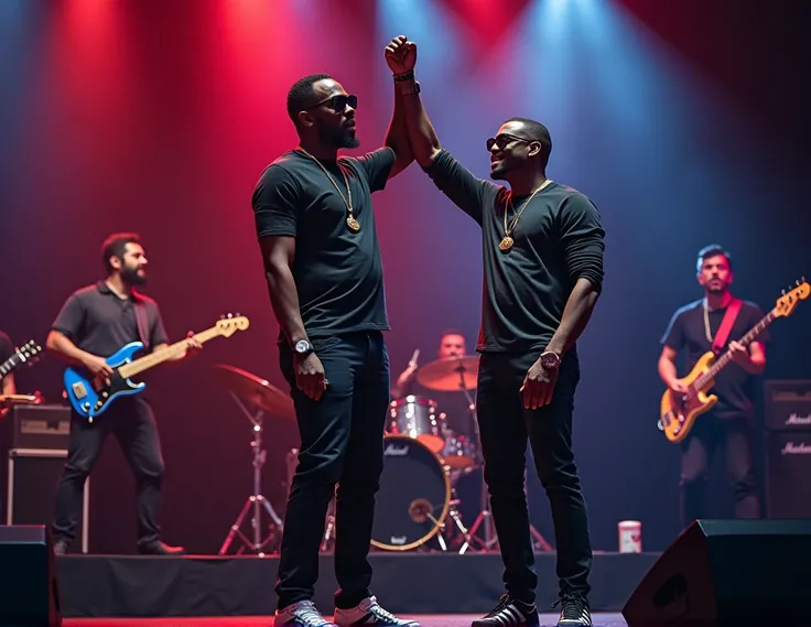 Generate me an image of an African American artist manager raising the hand of his rapper artist who is holding a microphone on stage with pride as a sign of success.. they are surrounded by instrumentalists. Je veux que toute limage soit nette.