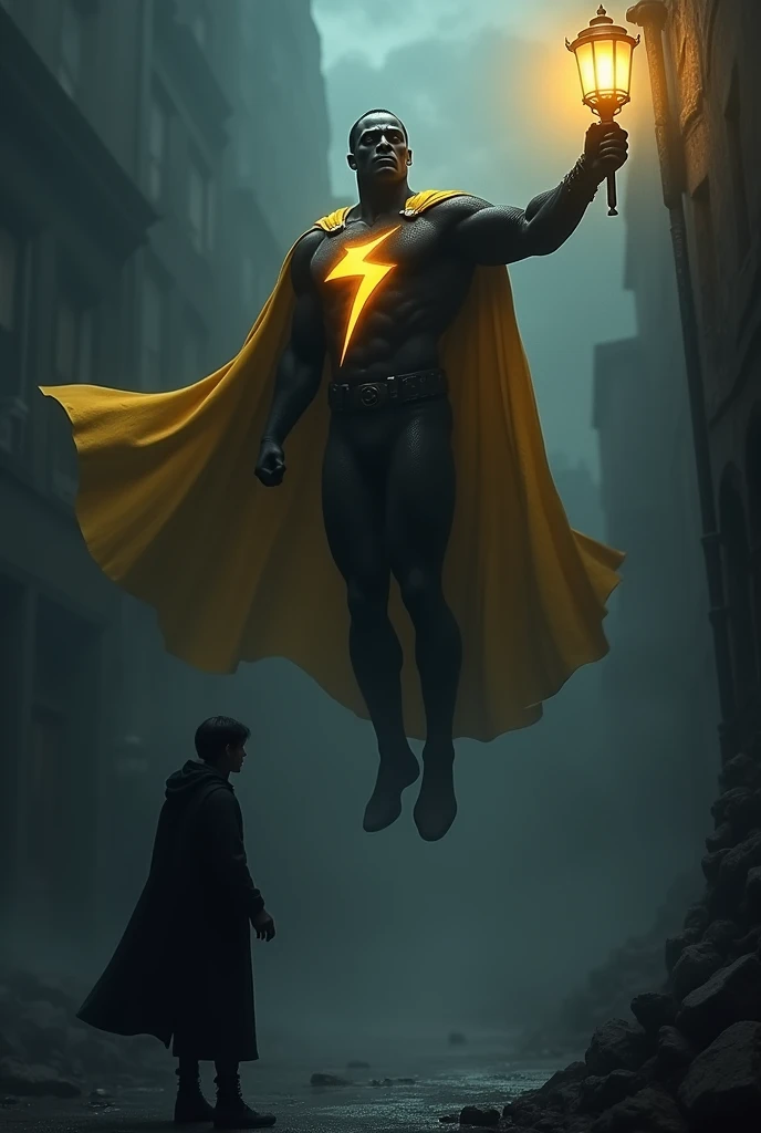 A black superhero with black clothes, a yellow cassock and an electric ray on his chest, flying with a lit lamp in his hand, offering it to a sad person who is in the dark. 