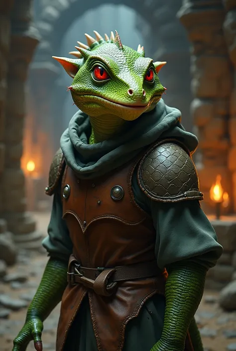 medieval fantasy, dungeons and dragons, reptilian kobold, copper scales with brown breastplate, its scales being striped in shades of green with red eyes.