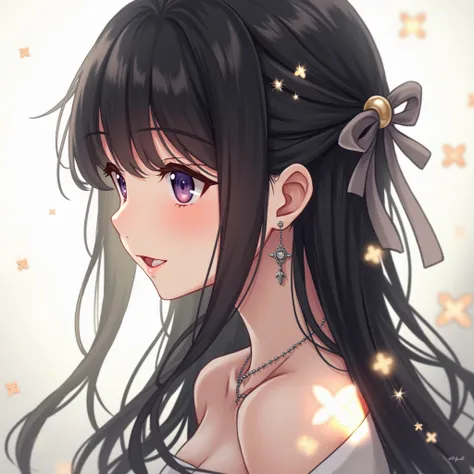 1girl, Solo, High Resolution, High Resolution, Long Hair, Bangs, Black Hair, Ponytail, Braid, Breasts, Blush, Smile, Simple background, Hair Ornament, Ribbon, Jewelry, Hair Bow, Sparkle, Depth Of Field, Lens Flare, Abstract, Minimalism, Impressionism, Illu...