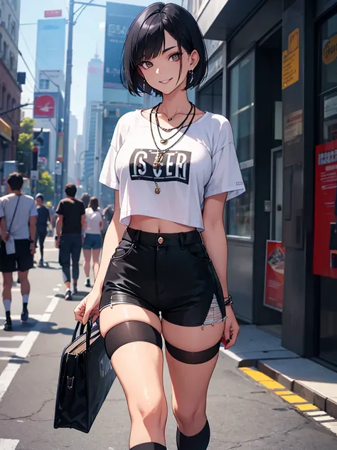 A beautiful woman is walking,Sharp Eyes,Watching the viewer,Creepy Smile,Earrings,One necklace,Shorts,Cropped T-shirt,Over the knee socks,Short black hair,