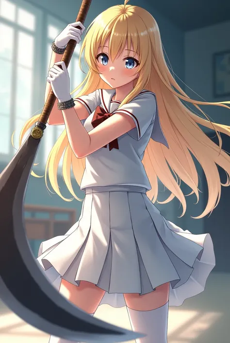 blonde long hair anime girl，White student uniform on board，Wearing a white pleated skirt，Put on white tights，Wear white gloves，Holding a huge sickle in his right hand，Wearing a metal bracelet￼