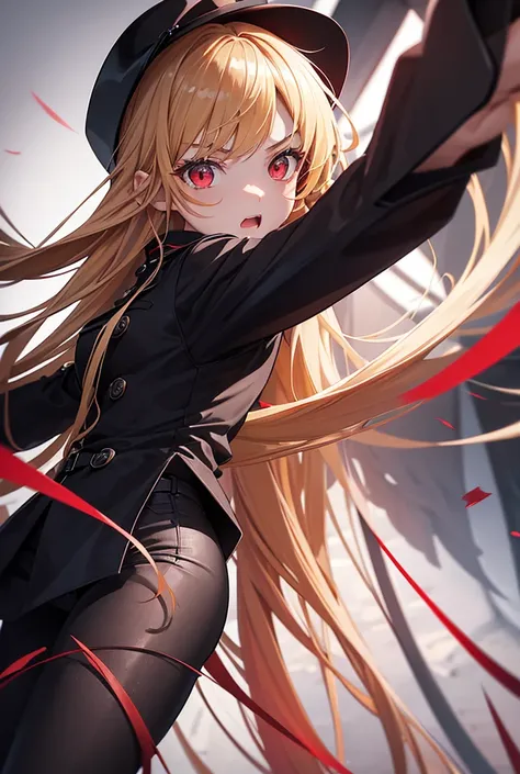 teenage female anime angel with long blonde hair, red eyes, in a fighting position, with a neutal expression, wearing black western clothes and black trench coat, black pants, 1girl, best quality, close up, angel wings