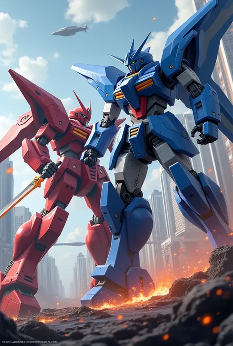 Red mecha and blue mecha fight，The red mecha passes through the blue mecha with a sword