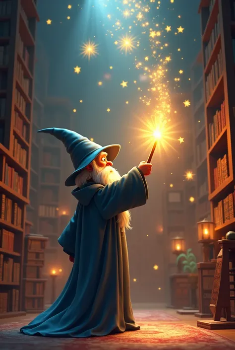 "The wizard, with a long, flowing robe and a tall hat, is casting a spell that turns the librarys light bulbs into sparkling stars. The wizard’s wand is glowing brightly, and stars are floating around the ceiling, adding a whimsical touch to the scene."
Ph...