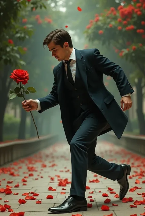 A gentleman  having red rose in his hand and falls due to weight
