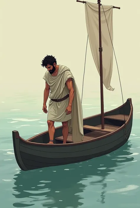 Make a cartoon of the same man, now sad with ancient tunics getting on a boat, looking down while climbing