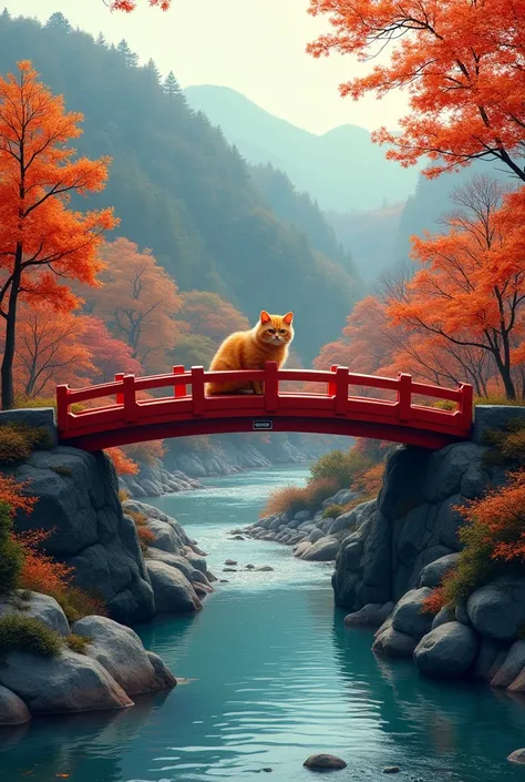 This image showcases a picturesque red bridge, known as Shinkyo Bridge, spanning a clear blue river, nestled in a lush forest during autumn. The vibrant fall foliage, with shades of red, contrasts beautifully with the iconic red structure of the bridge. Th...