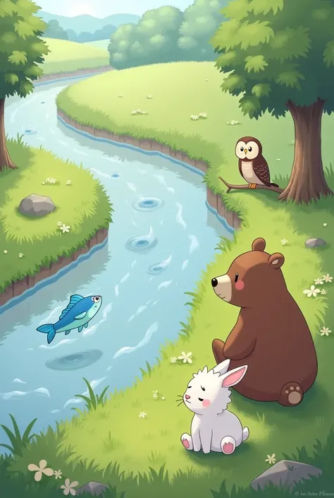 Image of a bunny in the grass next to a soft brown bear , On one side there is a river where a blue fish is jumping and on the edge of the river there is a tree where an owl is perched.