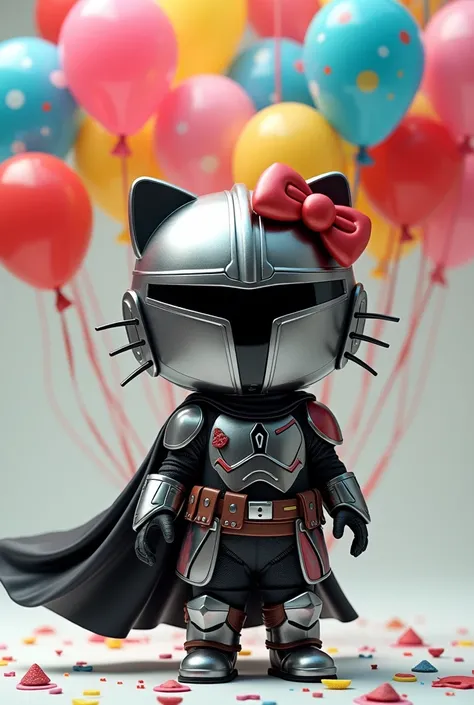 Kuromi from Hello Kitty dressed as a Mandalorian with birthday balloons 