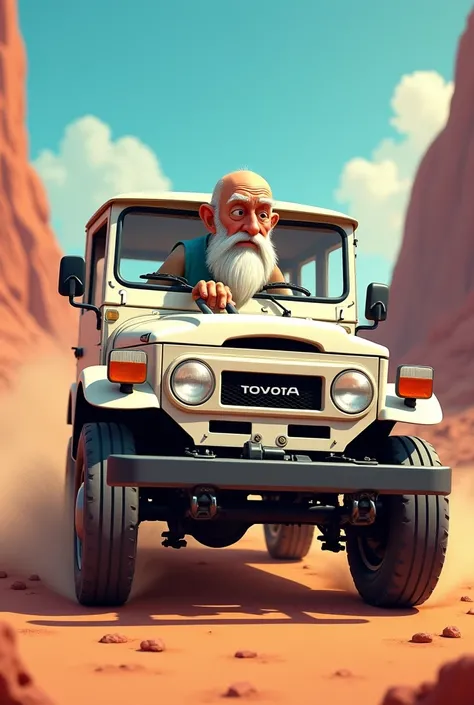 Animated poster of a white Toyota bj 70 with a hairless driver and a long beard 