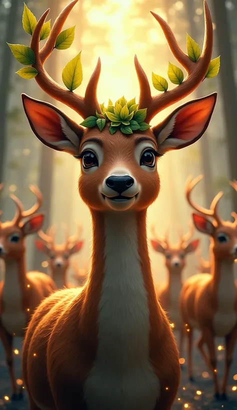 1 Big deer&#39;s smile, high resolution, Masterpiece, Anatomically correct, Crown of leaves, The backdrop of a herd of deer is lit with twinkling lights., Rays of light, Radioactive painting, movies, 