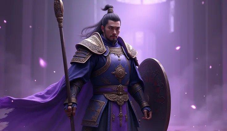 Purple is the main color., Zhang He of the Three Kingdoms period holding a shield and spear , brave and majestic