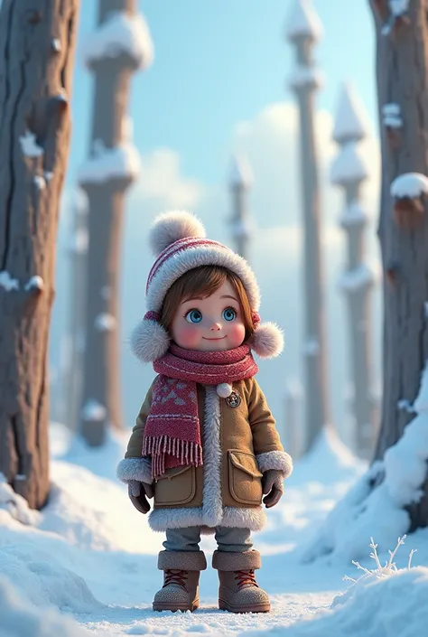 A girl or a boy standing ful of winter clothes and there behind a full of north poles