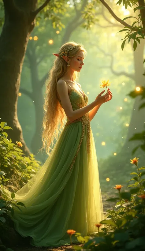 An elf princess with long, flowing golden hair and pointed ears, wearing a soft green and gold dress. She stands in an enchanted forest with luminous plants and soft glowing orbs floating around. The light is warm and mystical, with a serene expression on ...