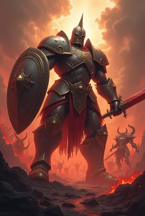 Crusade Titan with armor, helmet, shield and sword in bloody battle, against demons of the past.