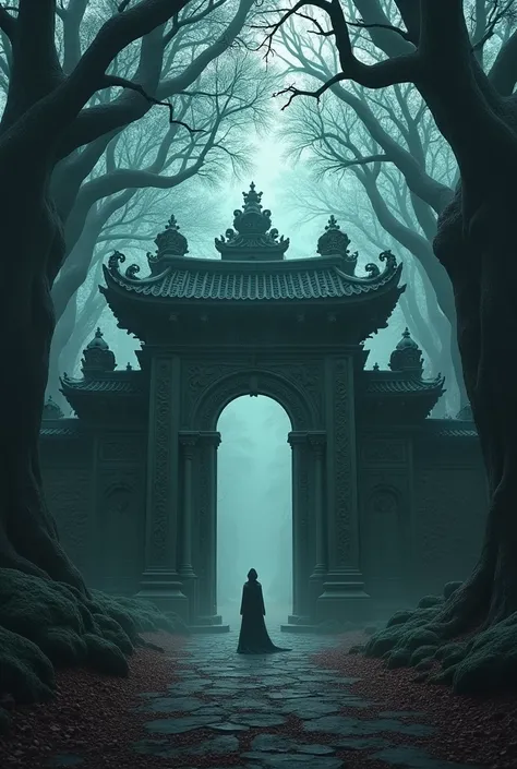 The large village gate stands majestically in the middle of the dark forest.. Graceful yet creepy dancing statues greet them., with mysterious smiling faces, as if keeping a gripping secret."