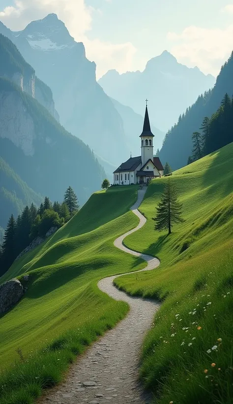 there is a small path going up a hill with a church in the background, lauterbrunnen valley, in the swiss alps, swiss alps, switzerland, by Karl Stauffer-Bern, lovely valley, by Sebastian Spreng, by Tobias Stimmer, alpine scenery, shot on hasselblad, by Ma...