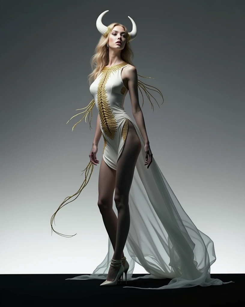 full body, full boy picture, beautiful woman, white futuristic tight dress, gold accessories, alien like accessories, big accessories, wild and alien like accessories, gold human ribs inspired corset, futuristic outfit, mugler inspired outfit, cyber core v...