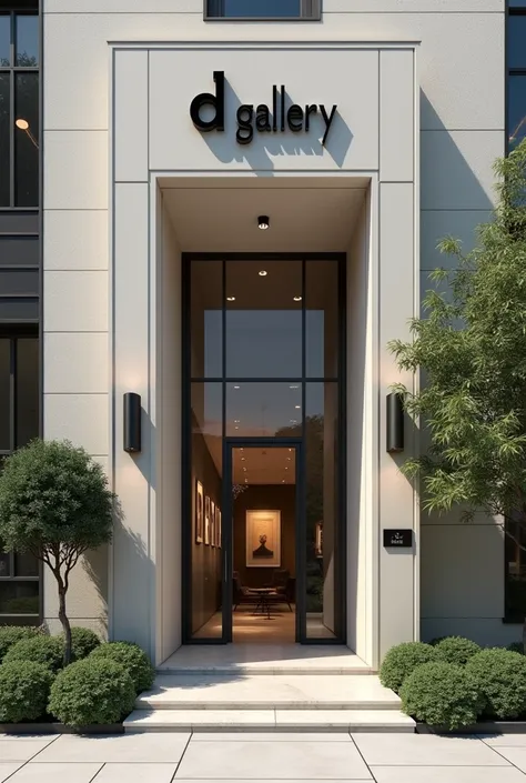 A sleek, modern gallery entrance with the "D A Gallery" sign prominently displayed.