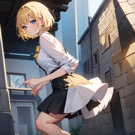 Masterpiece, solo, 1girl, white blouse, black short skirt, short blonde hair, Italian village
