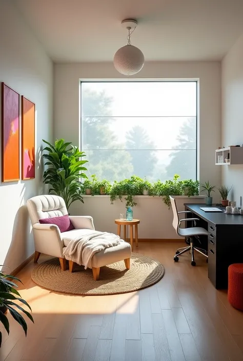 Generates a first-person image of a furnished office seen from a 3-meter wall..5 meters inland. The office measures 8 meters long by 5 meters wide.. On the 5 meter back wall, There is a large window that occupies the entire width, starting from the middle ...