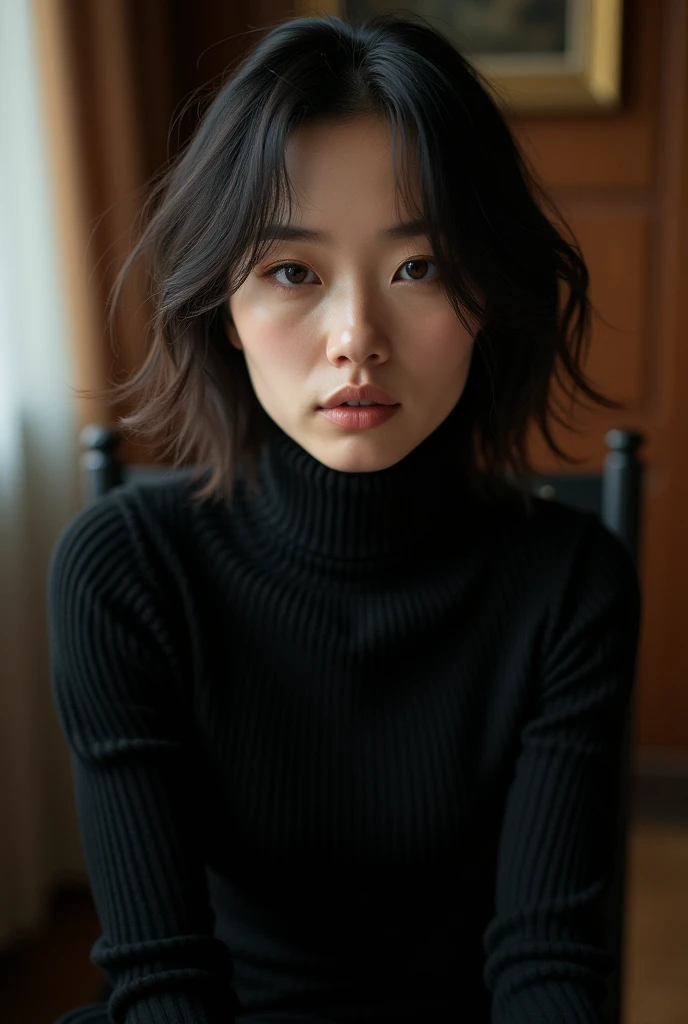 A stunning intricate full color portrait of Zhang Ziyi, wearing a black turtleneck, epic character composition, by Ssunbiki, alessio albi, nina masic, sharp focus, natural lighting, subsurface scattering, f2, 35mm. Sitting on a chair. Bare pussy, view from...