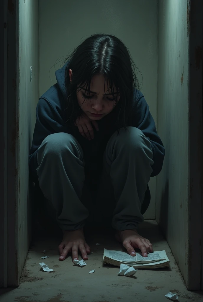 a teenager in a closed room , crying and sad and with psychological problems