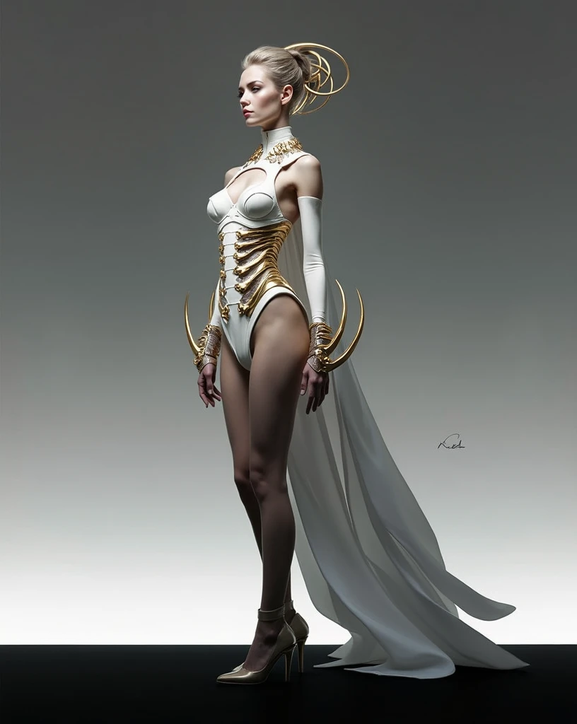 full body, full boy picture, beautiful woman, white futuristic tight dress, gold accessories, alien like accessories, big accessories, wild and alien like corset, gold human ribs inspired corset, futuristic outfit, mugler inspired outfit, cyber core vibes,...