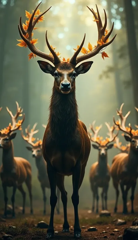 1 Big deer&#39; crying, high resolution, Masterpiece, Anatomically correct, Crown of leaves, The backdrop of a herd of deer is lit with twinkling lights., Rays of light, Radioactive painting, movies, 