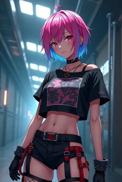 high quality, 8k, style anime, male anime, short hair with pink and blue dye, black crop top with graphic design, black shorts with red accents and garter belt, fishnet stockings, standing pose, indoor industrial setting, overhead lighting creating soft sh...