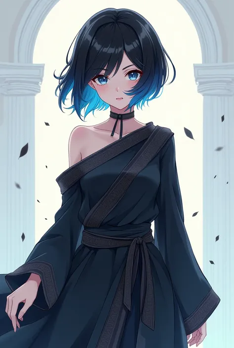 A girl with short black hair with blue tips dressed in black Greek clothing (anime style)