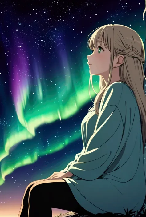 Deep in the forest、A woman is sitting looking up at a large full moon。Small lights like stars float around、The silence of the night and anxiety coexist。The moonlight reflects softly on her hair、A fantastic light like the aurora sparkles in the sky.。」