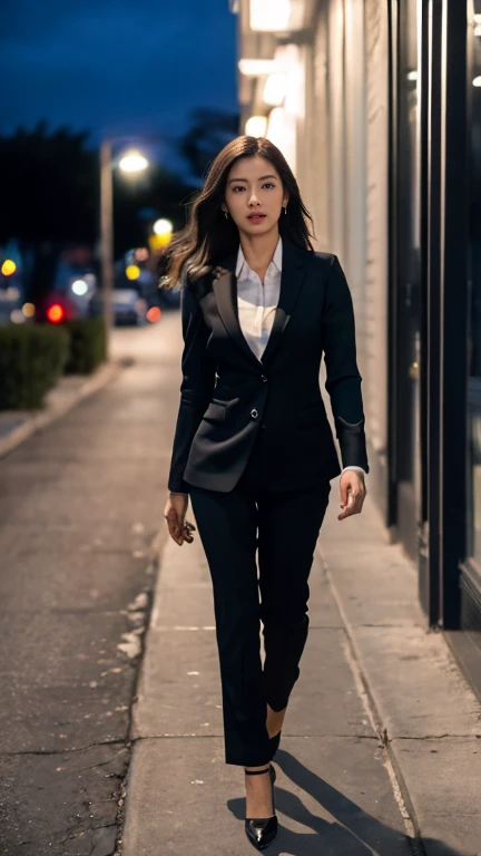 (8k, RAW photos, best quality, masterpiece: 1.2), (realistic, photorealistic: 1.37), 1 woman in suit standing on the sidewalk, Office with view of building late at night, Brazilian women, shirt, woman in suit, Silk Suit