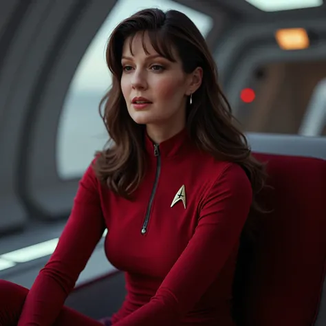 photorealistic full-body image of a female starfleet captain, In her 30s, red Star Trek TNG starfleet uniform with starfleet TNG insignia, slender, fit, muscular, beautiful. long flowing hair, halter neckline, on the starship enterprise, seated or reclinin...