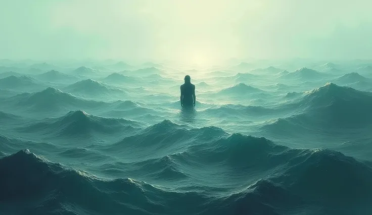 An abstract representation of a person floating in a vast ocean made of tears, surrounded by waves that rise and fall with sorrow. The person appears isolated and adrift in the endless sea of their emotions.