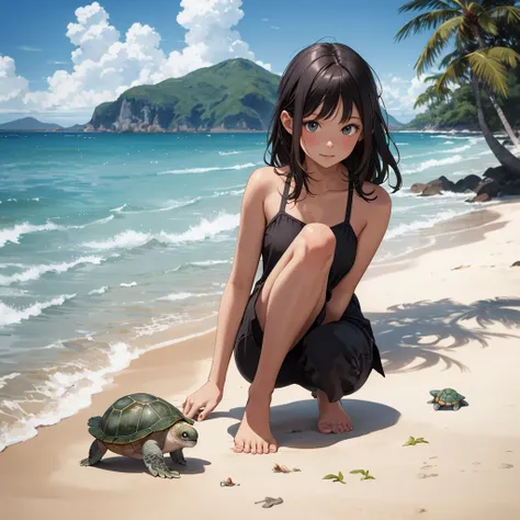 Girl playing with turtle,Ocean